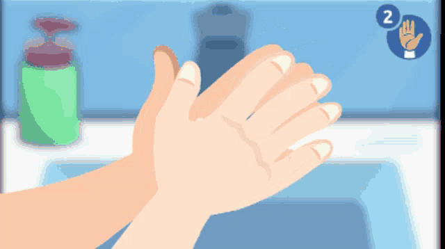 a cartoon illustration of a person washing their hands in a bathroom sink