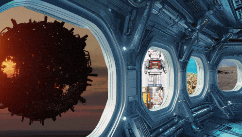 a robot is looking out of a window in a futuristic room