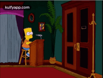 bart simpson is sitting at a podium giving a speech while homer simpson stands in front of a door