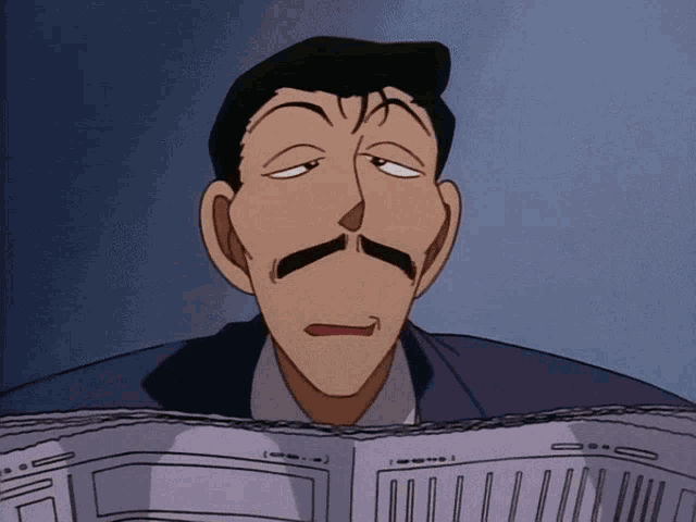 a man with a mustache is reading a newspaper and making a silly face