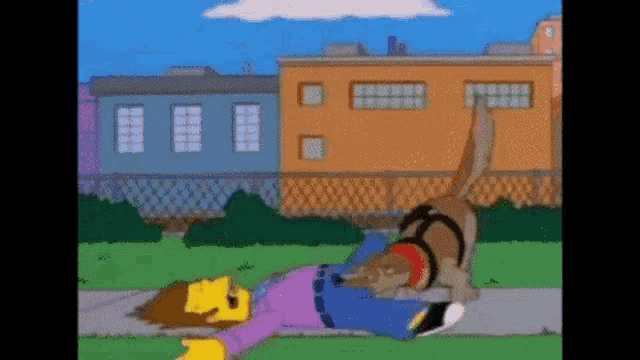 a cartoon character is laying on the ground with a dog on his back