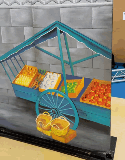 a painting of a cart with fruits and vegetables on it