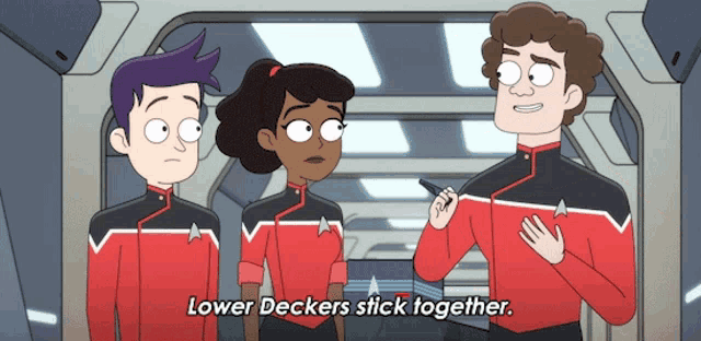 a group of cartoon characters standing next to each other with one saying lower deckers stick together