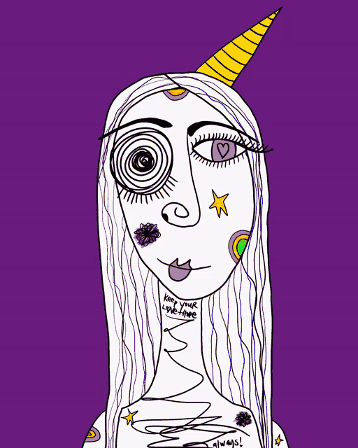 a drawing of a woman with a unicorn horn on her head