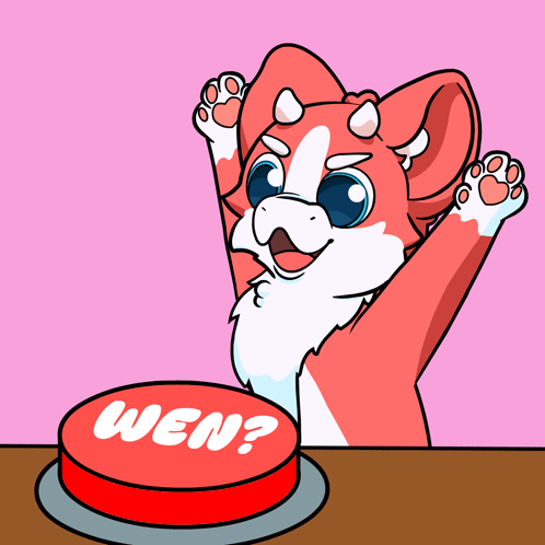 a red and white animal is pressing a red button that says wen