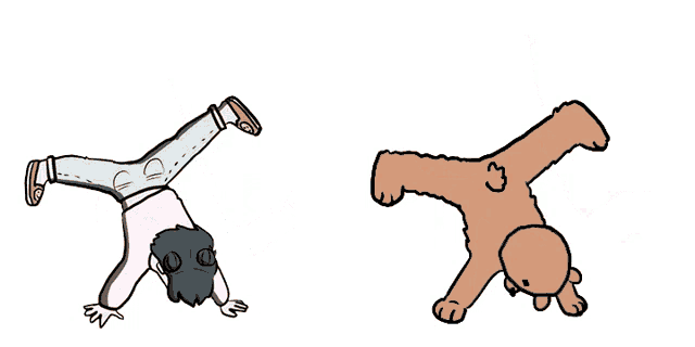 a cartoon of a girl doing a handstand next to a teddy bear that is upside down