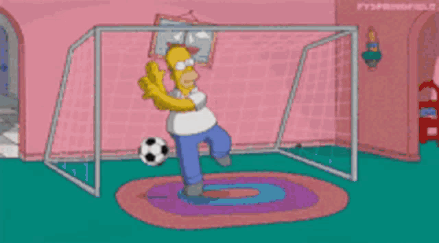 homer simpson is juggling soccer balls in front of a soccer goal