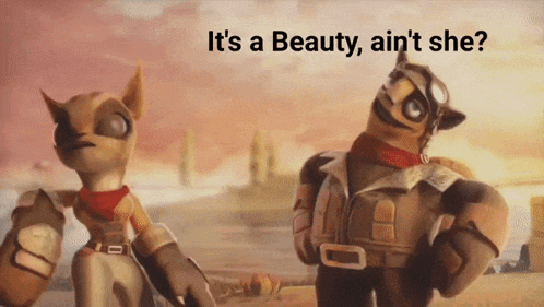 two cartoon characters are standing next to each other with the words it 's a beauty ain 't she
