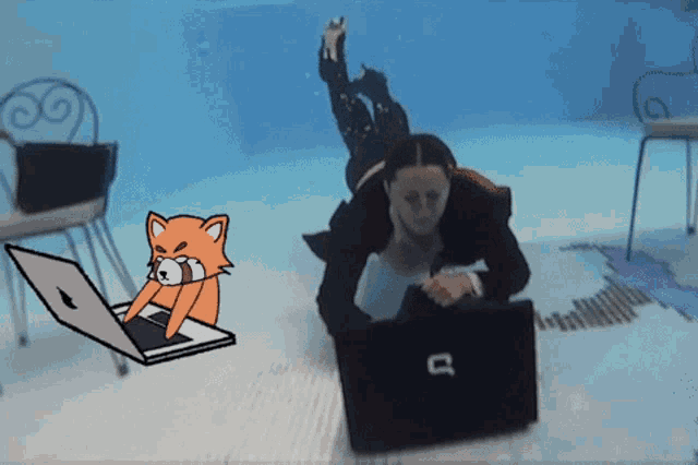 a cartoon drawing of a woman using a laptop with the letter d on it