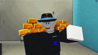 a roblox character is carrying a stack of gold bars on his shoulders