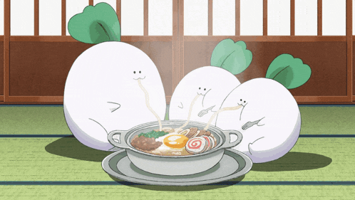 three cartoon characters are sitting around a bowl of food on a plate