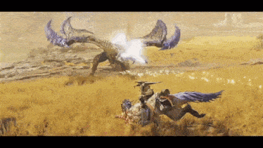 a person riding a horse in a field with a dragon attacking them