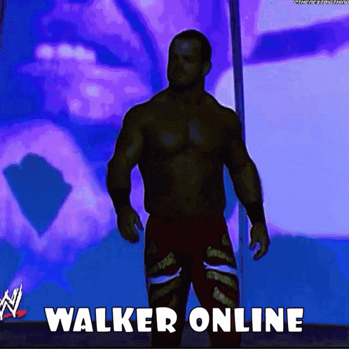 a wrestler is standing in front of a purple background with the words walker online below him