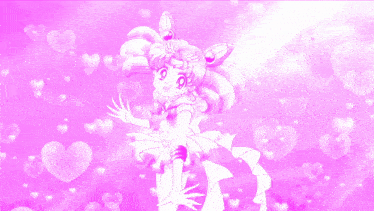 a girl in a pink dress is surrounded by hearts on a pink background