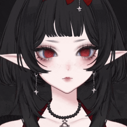 a drawing of a girl with red eyes and a necklace