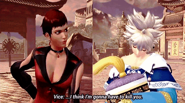 a video game scene with a woman saying vice i think i m gonna have to kill you