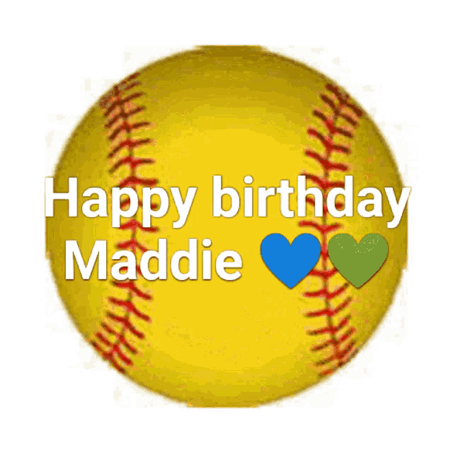 a yellow softball with the words happy birthday maddie written on it