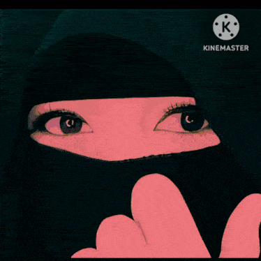a woman wearing a black veil has a plane on her forehead and the word kinemaster is on the bottom