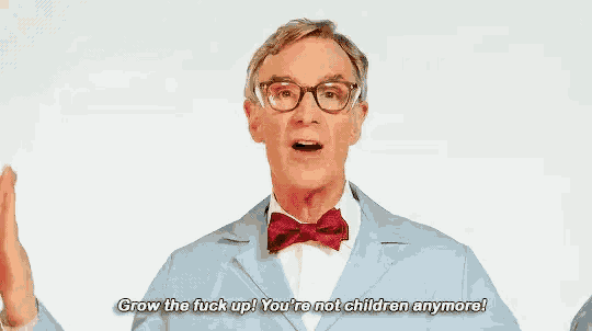 a man wearing glasses and a bow tie is saying grow the fuck up you 're not children anymore .