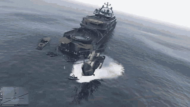 a video game shows a large ship in the ocean with a few smaller boats
