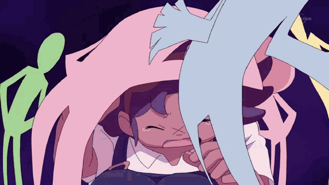 a cartoon of a girl with purple hair crying in front of a group of silhouettes