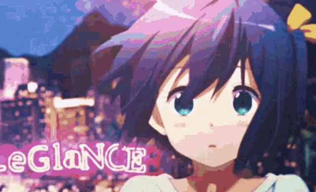 a girl with blue hair and green eyes is standing in front of a sign that says legance