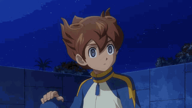 a boy in a blue and white jacket is standing in front of a brick wall