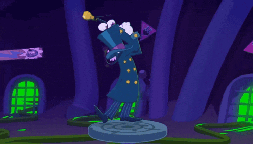 a cartoon character in a top hat and striped pants stands on a pedestal