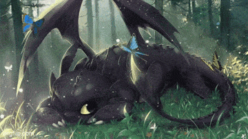 a dragon is laying down in the grass with a blue butterfly on its back