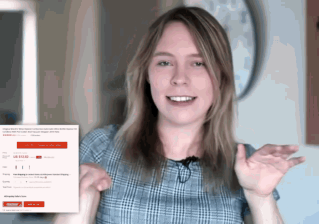 a woman in a plaid shirt is smiling in front of a screen that says us $ 19.95