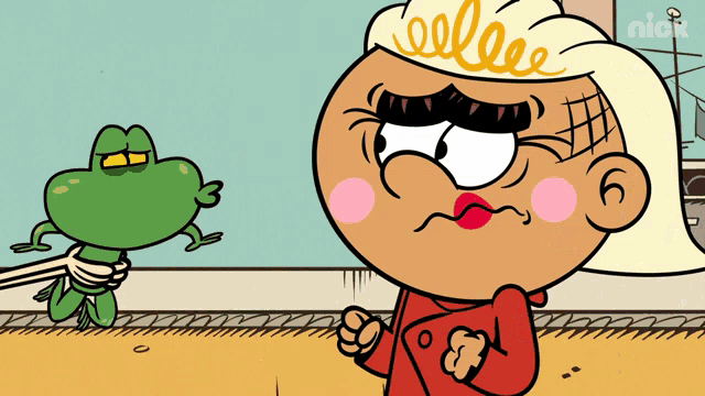 a cartoon of a girl with a frog and a sign that says nick on it