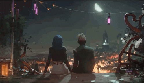 a man and woman are sitting on a balcony looking at the moon