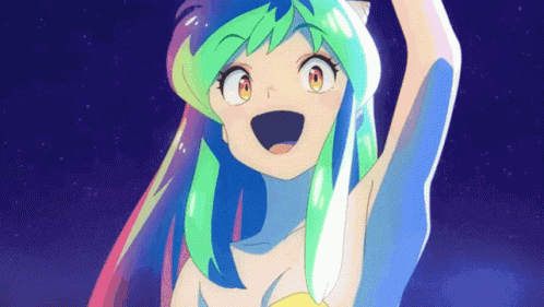 a cartoon girl with green and blue hair and a yellow top