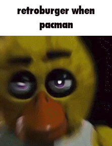 a close up of a cartoon character with the words retroburger when pacman written on the bottom