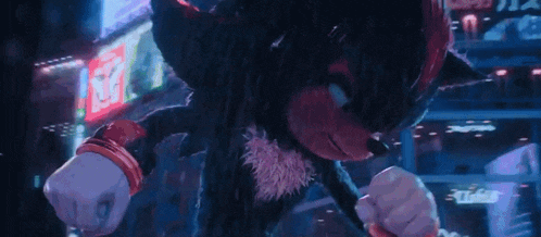 shadow the hedgehog from the video game sonic the hedgehog is standing in the rain in front of a city .