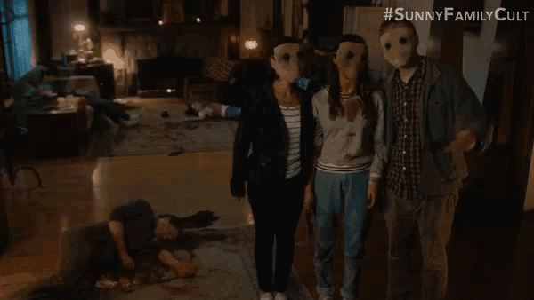 a group of people with masks on their faces with the hashtag #sunnyfamilycult