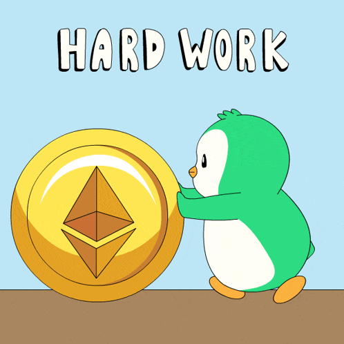 a penguin is pushing a gold coin with the words hard work above it