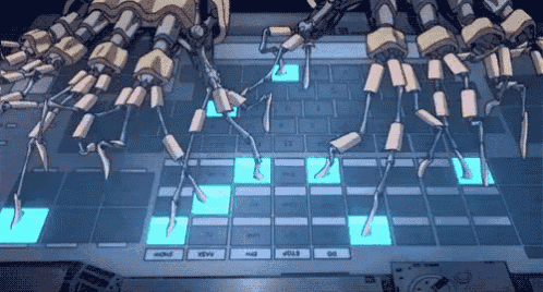a robot 's hands are reaching into a laptop keyboard