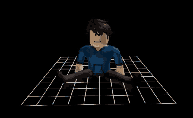 a boy in a blue shirt is sitting on a black and white checkered floor