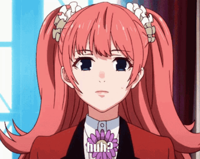 a girl with pink hair has the word huh written on her chest