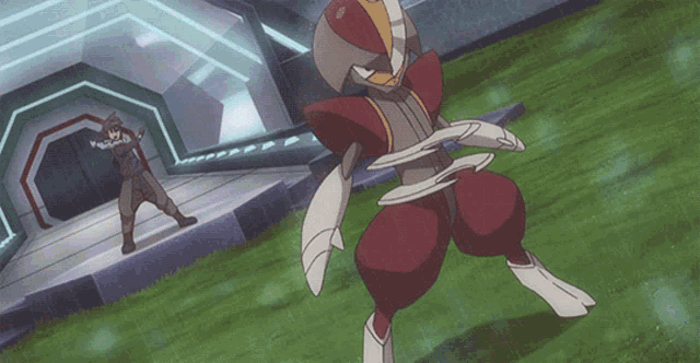 a cartoon character is standing in a field holding a sword