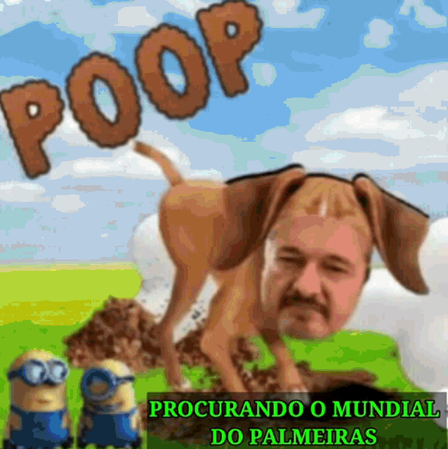 a picture of a man and a dog with the word poop written on it