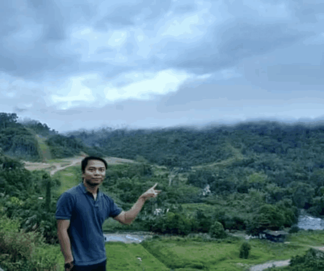 a man in a blue shirt stands in front of a lush green valley