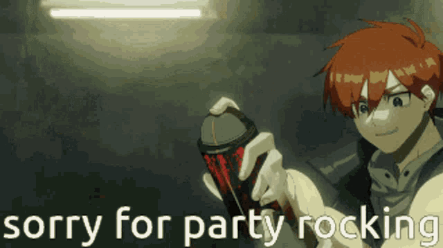a man with red hair is holding a can that says sorry for party rocking on it
