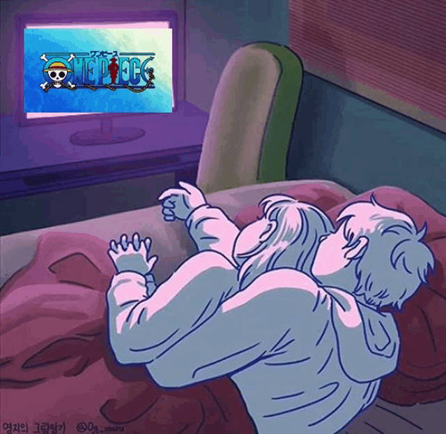 a cartoon of two people watching one piece on a television