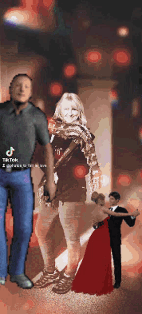 a woman in a red dress is dancing next to a man in a tuxedo