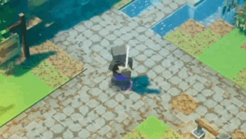 a video game character is standing on a brick walkway .