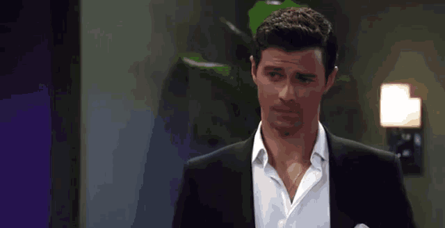 a man in a suit and white shirt is standing in a room with a plant in the background .