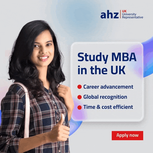 a woman in a plaid shirt is smiling in front of a sign that says study mba in the uk