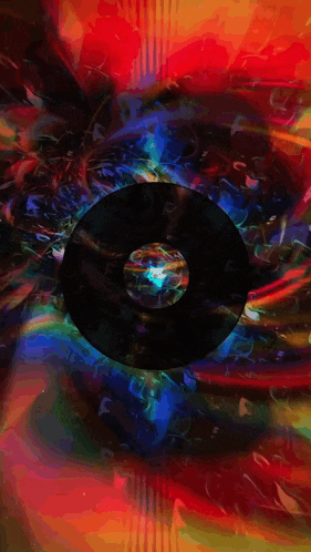 a colorful painting with a record in the middle of it
